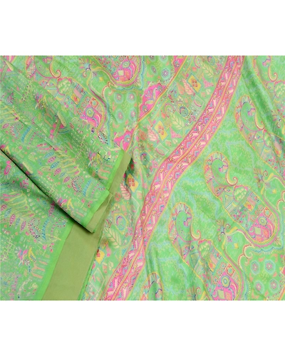 Sanskriti Vintage Green &amp; Pink Sarees Pure Silk Printed Sari Floral Craft Fabric, PR-58298-Green &amp; Pink-Printed Floral Design-Pure Silk-1