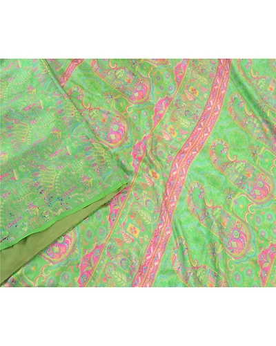 Sanskriti Vintage Green &amp; Pink Sarees Pure Silk Printed Sari Floral Craft Fabric, PR-58298-Green &amp; Pink-Printed Floral Design-Pure Silk-2
