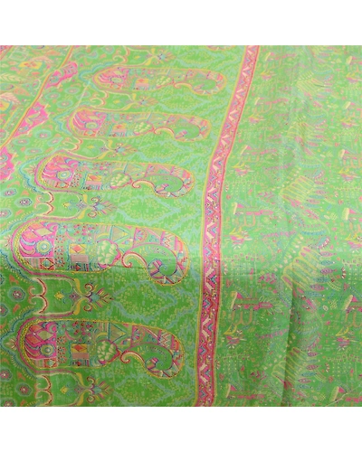 Sanskriti Vintage Green &amp; Pink Sarees Pure Silk Printed Sari Floral Craft Fabric, PR-58298-Green &amp; Pink-Printed Floral Design-Pure Silk-3