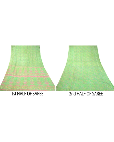Sanskriti Vintage Green &amp; Pink Sarees Pure Silk Printed Sari Floral Craft Fabric, PR-58298-Green &amp; Pink-Printed Floral Design-Pure Silk-4
