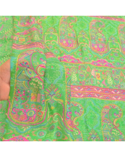 Sanskriti Vintage Green &amp; Pink Sarees Pure Silk Printed Sari Floral Craft Fabric, PR-58298-Green &amp; Pink-Printed Floral Design-Pure Silk-5