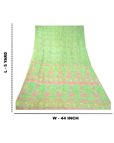 Sanskriti Vintage Green &amp; Pink Sarees Pure Silk Printed Sari Floral Craft Fabric, PR-58298-Green &amp; Pink-Printed Floral Design-Pure Silk-8