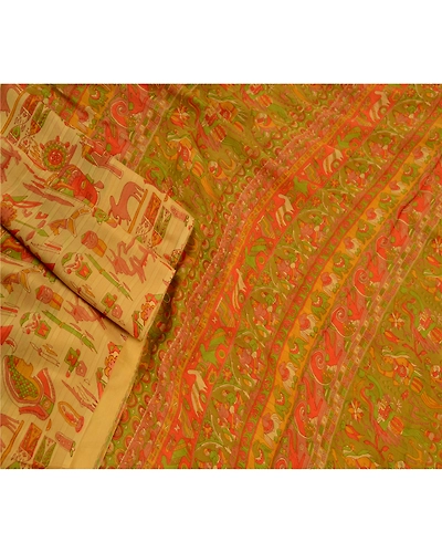 Sanskriti Vintage Beige Sarees Pure Silk Human Animal Printed Sari Craft Fabric, PR-58299-Beige-Printed Floral Design-Pure Silk-1