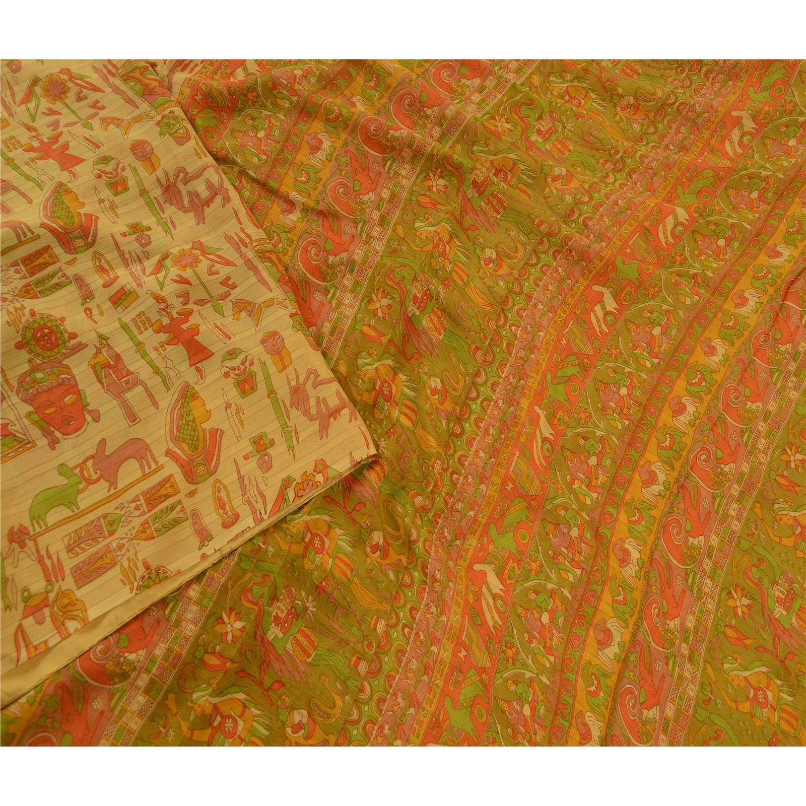 Sanskriti Vintage Beige Sarees Pure Silk Human Animal Printed Sari Craft Fabric, PR-58299-Beige-Printed Floral Design-Pure Silk-2