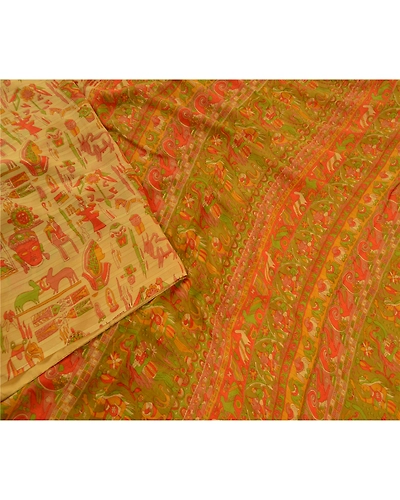 Sanskriti Vintage Beige Sarees Pure Silk Human Animal Printed Sari Craft Fabric, PR-58299-Beige-Printed Floral Design-Pure Silk-2