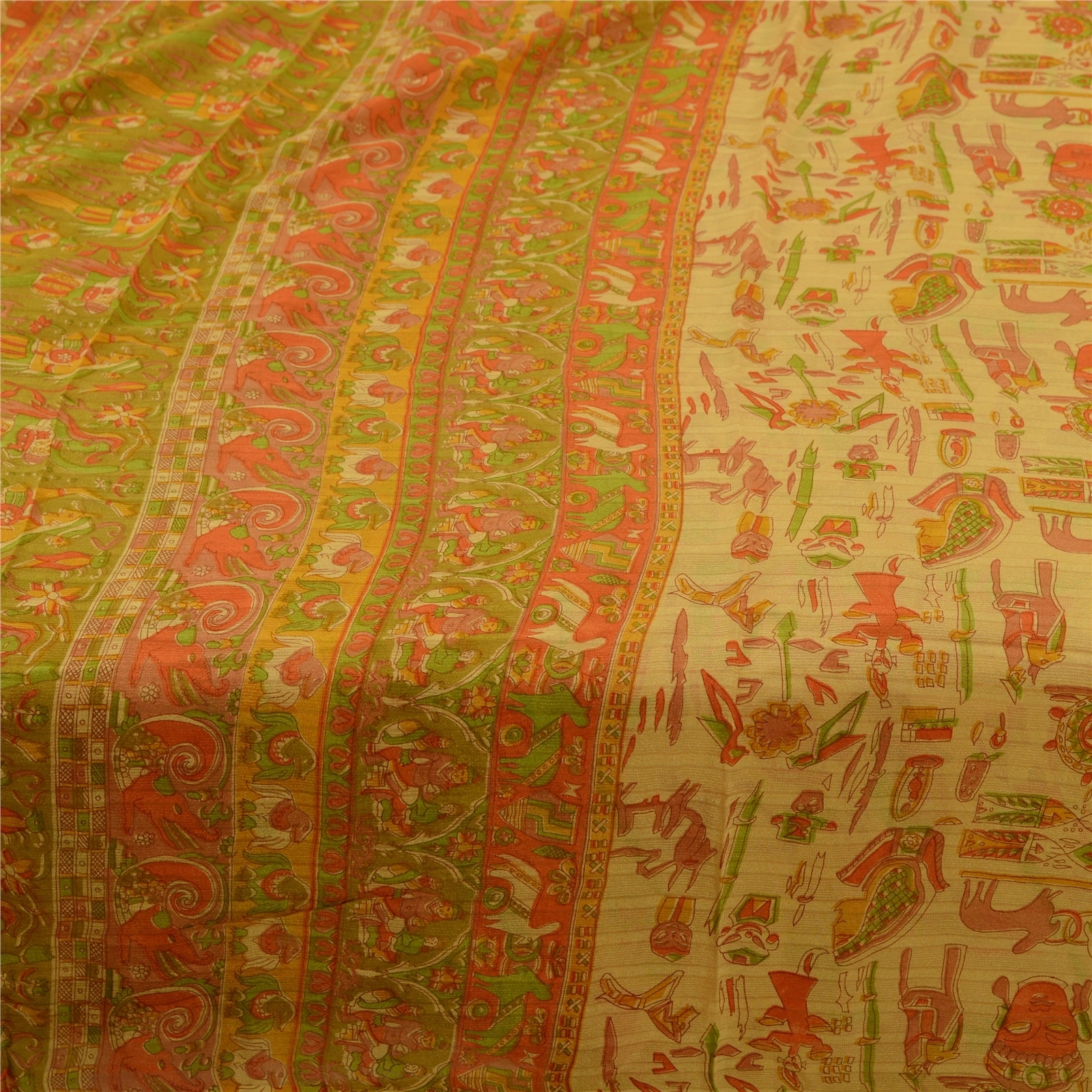 Sanskriti Vintage Beige Sarees Pure Silk Human Animal Printed Sari Craft Fabric, PR-58299-Beige-Printed Floral Design-Pure Silk-3