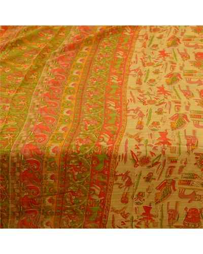 Sanskriti Vintage Beige Sarees Pure Silk Human Animal Printed Sari Craft Fabric, PR-58299-Beige-Printed Floral Design-Pure Silk-3