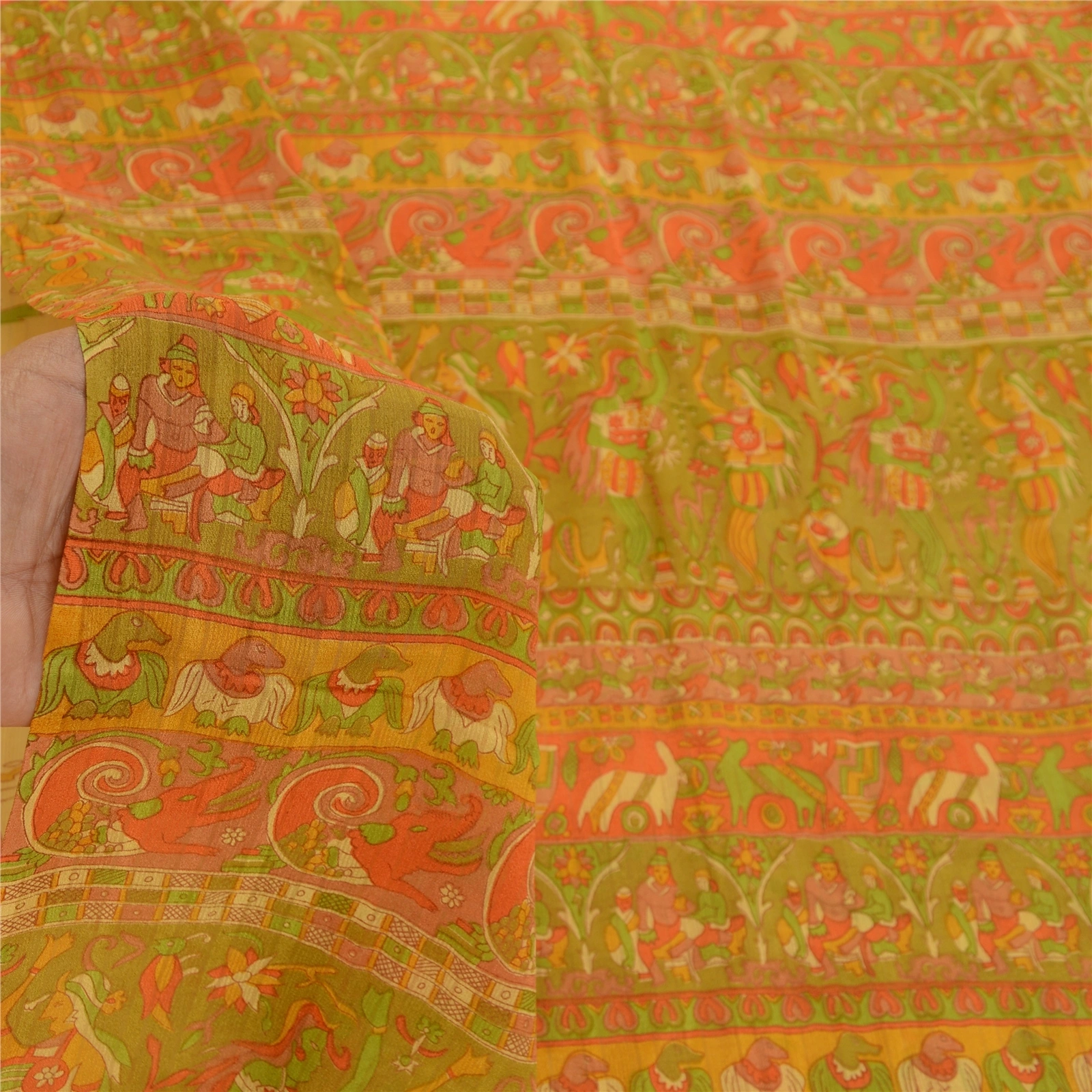 Sanskriti Vintage Beige Sarees Pure Silk Human Animal Printed Sari Craft Fabric, PR-58299-Beige-Printed Floral Design-Pure Silk-5