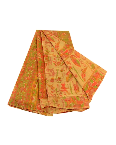 Sanskriti Vintage Beige Sarees Pure Silk Human Animal Printed Sari Craft Fabric, PR-58299-Beige-Printed Floral Design-Pure Silk-6