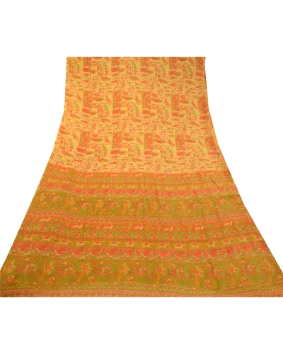 Sanskriti Vintage Beige Sarees Pure Silk Human Animal Printed Sari Craft Fabric, PR-58299-Beige-Printed Floral Design-Pure Silk-7
