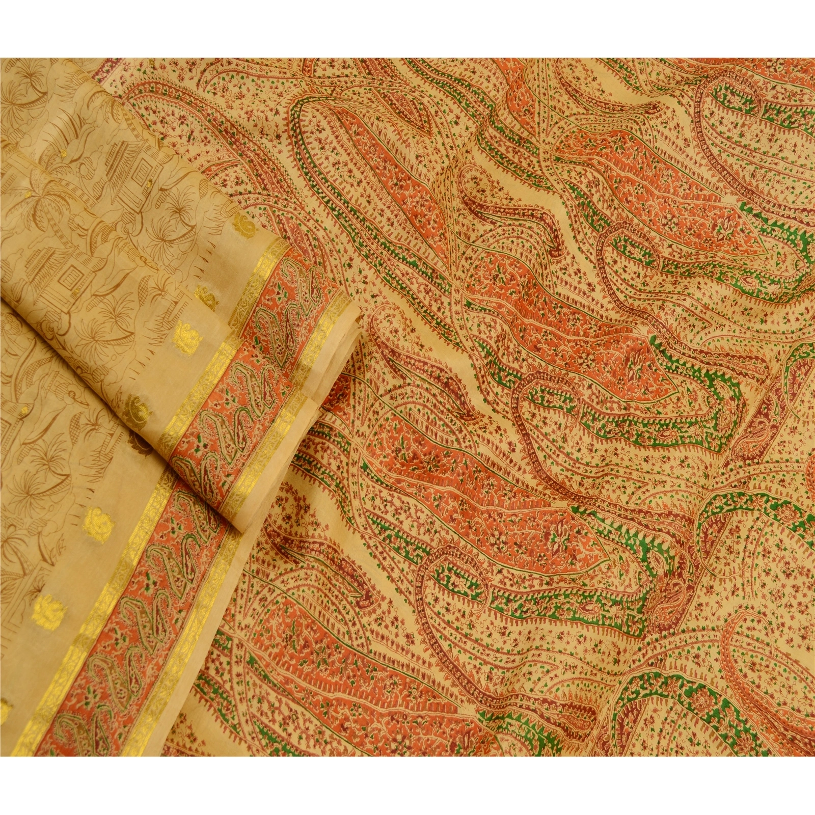 Sanskriti Vintage Beige Indian Sarees Pure Silk Printed Sari Floral Craft Fabric, PR-58301-Beige-Printed Floral Design-Pure Silk-1