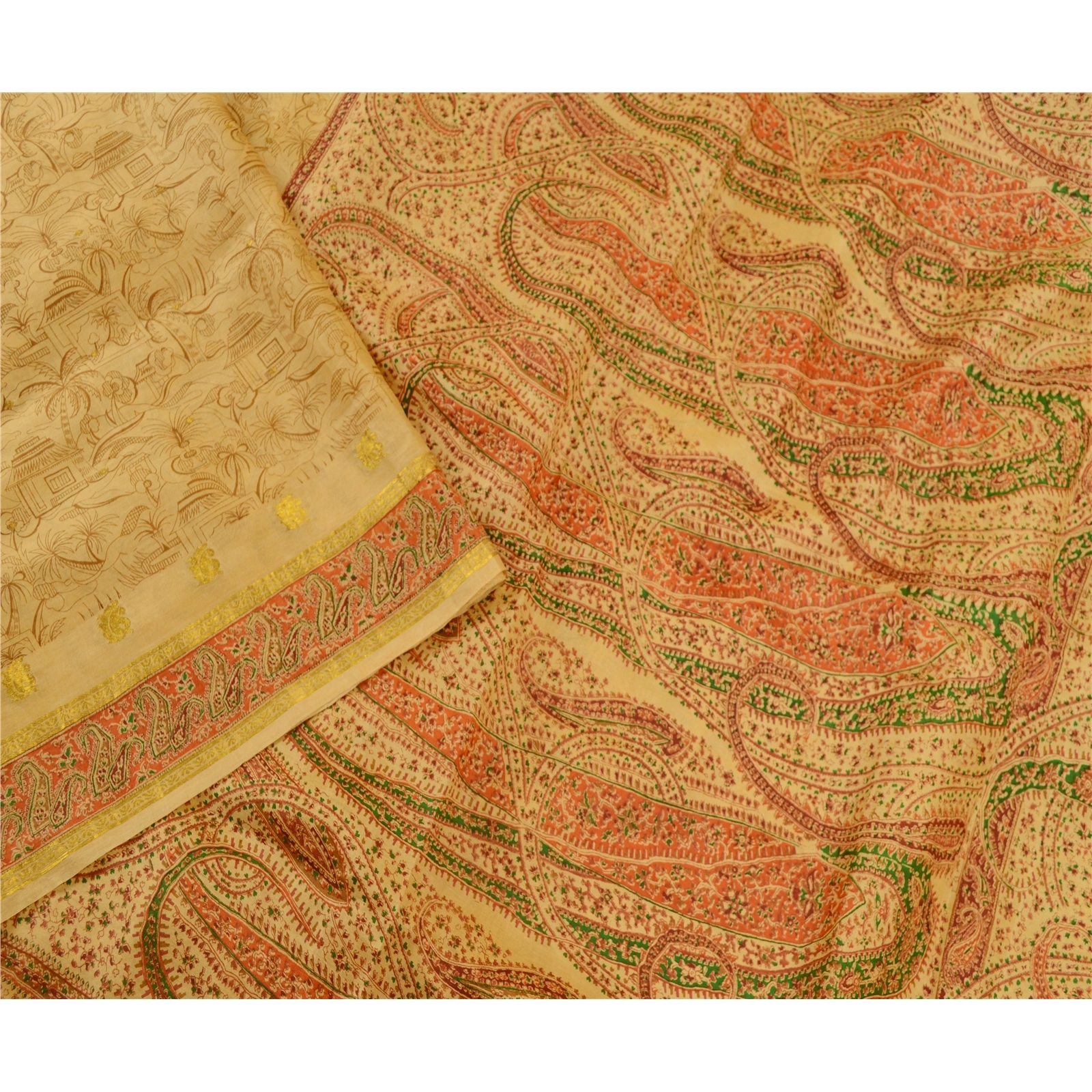 Sanskriti Vintage Beige Indian Sarees Pure Silk Printed Sari Floral Craft Fabric, PR-58301-Beige-Printed Floral Design-Pure Silk-2