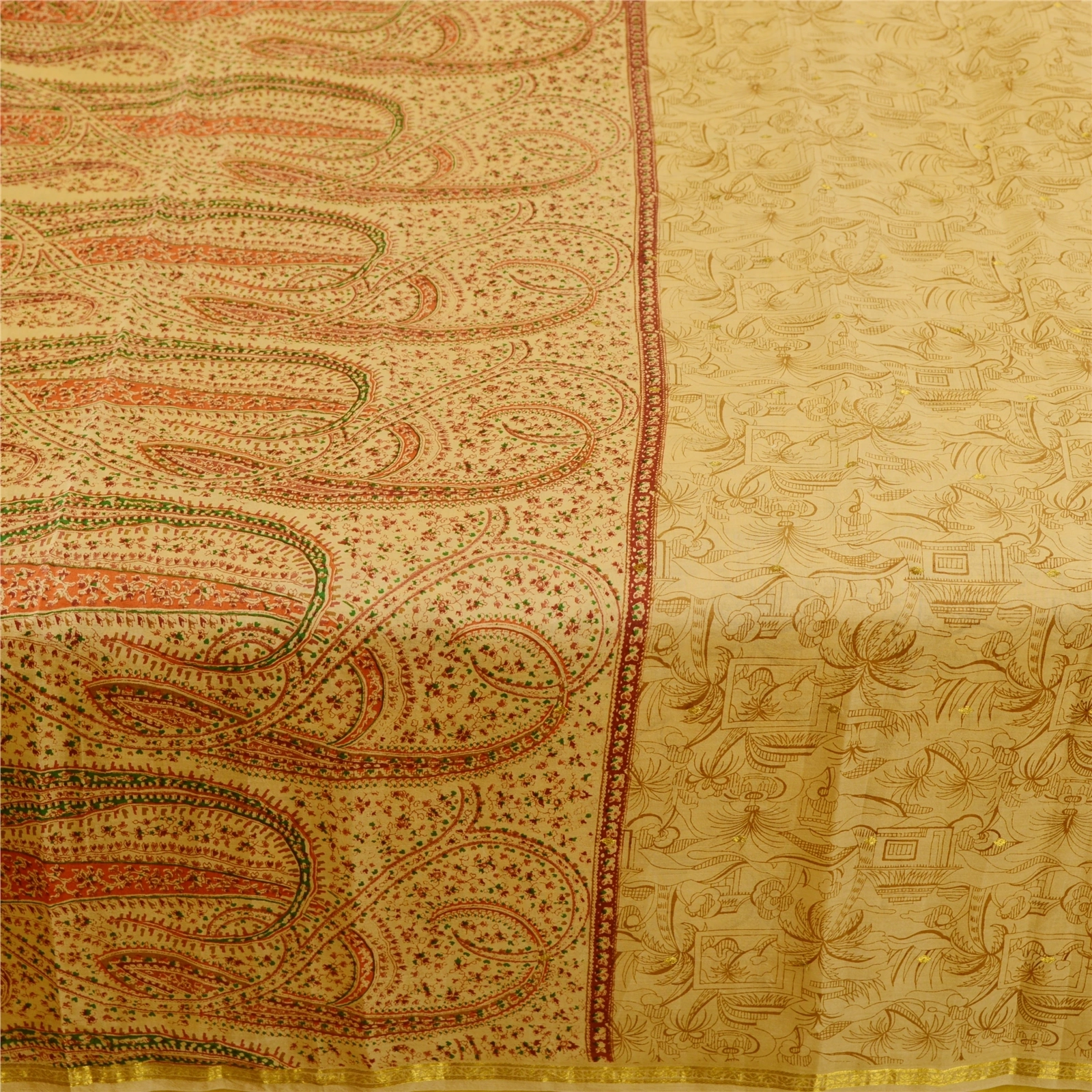 Sanskriti Vintage Beige Indian Sarees Pure Silk Printed Sari Floral Craft Fabric, PR-58301-Beige-Printed Floral Design-Pure Silk-3