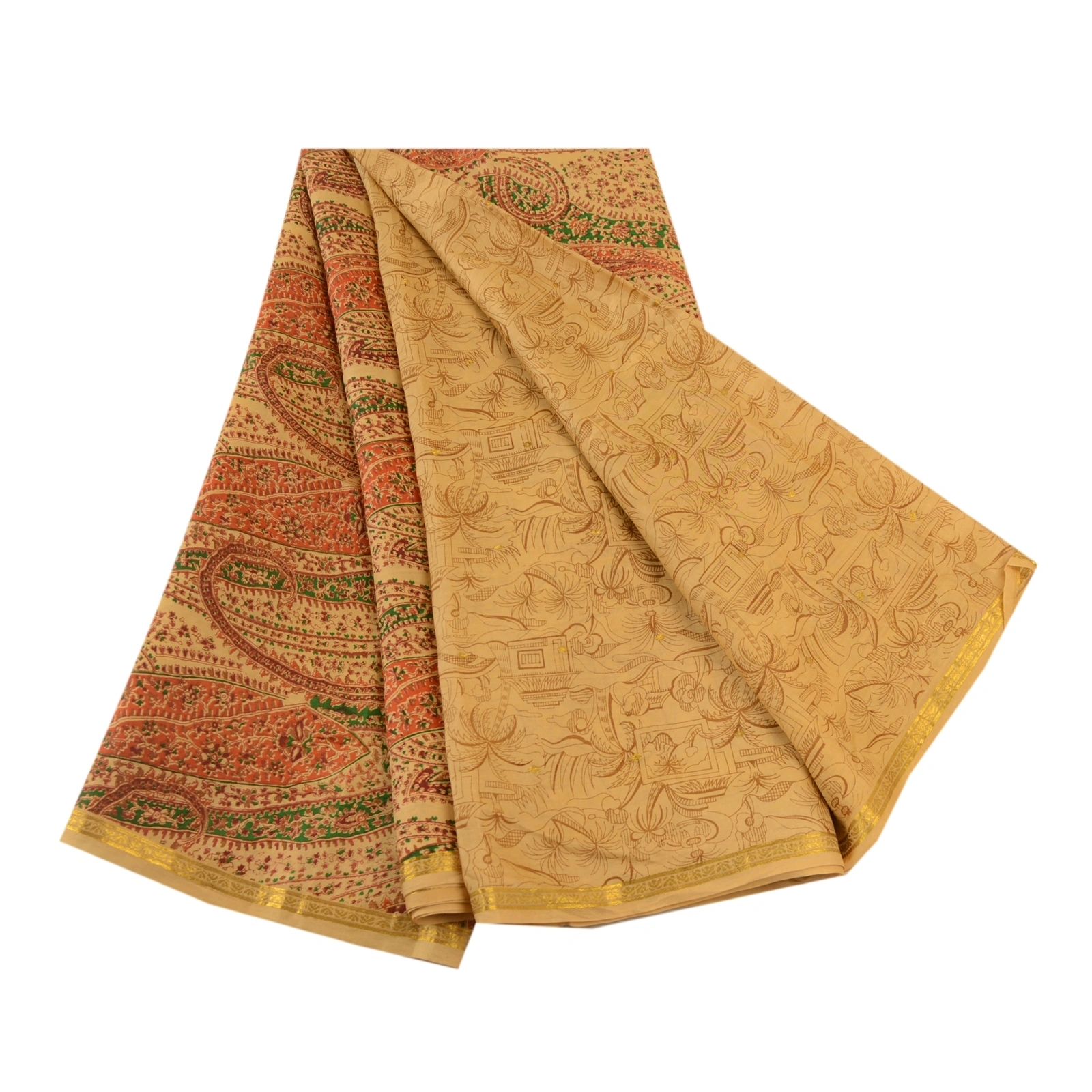 Sanskriti Vintage Beige Indian Sarees Pure Silk Printed Sari Floral Craft Fabric, PR-58301-Beige-Printed Floral Design-Pure Silk-6