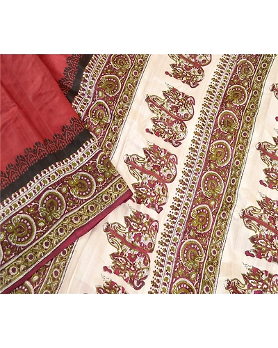 Sanskriti Vintage Red Sarees Indian Pure Silk Printed Sari Floral Craft Fabric, PR-58325-Dark Red-Printed Floral Design-Pure Silk-2