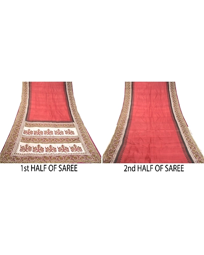 Sanskriti Vintage Red Sarees Indian Pure Silk Printed Sari Floral Craft Fabric, PR-58325-Dark Red-Printed Floral Design-Pure Silk-4