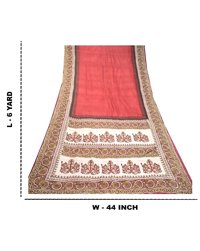 Sanskriti Vintage Red Sarees Indian Pure Silk Printed Sari Floral Craft Fabric, PR-58325-Dark Red-Printed Floral Design-Pure Silk-8
