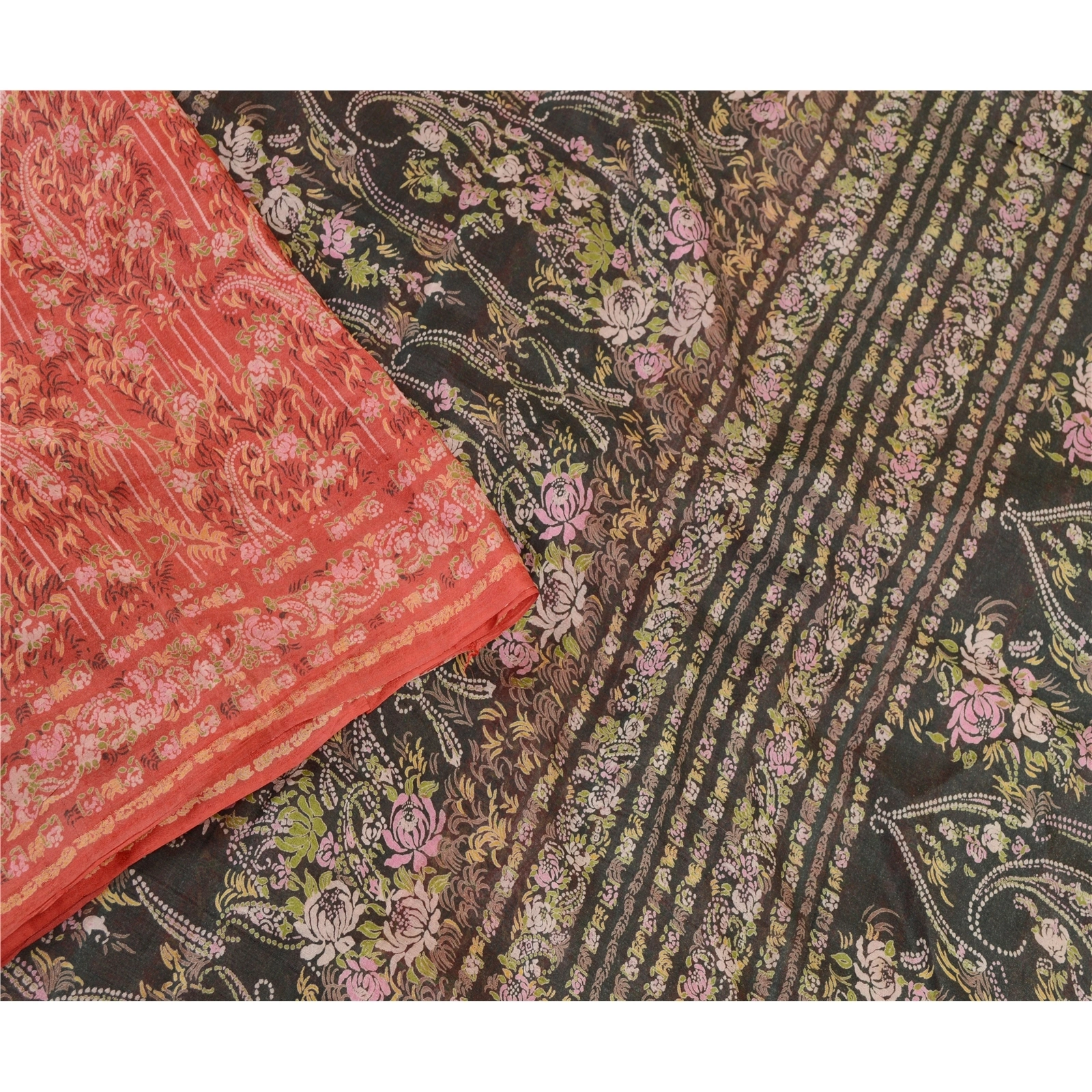 Sanskriti Vintage Red Indian Sarees Pure Silk Printed Sari Floral Craft Fabric, PR-58366-Red-Printed Floral Design-Pure Silk-2