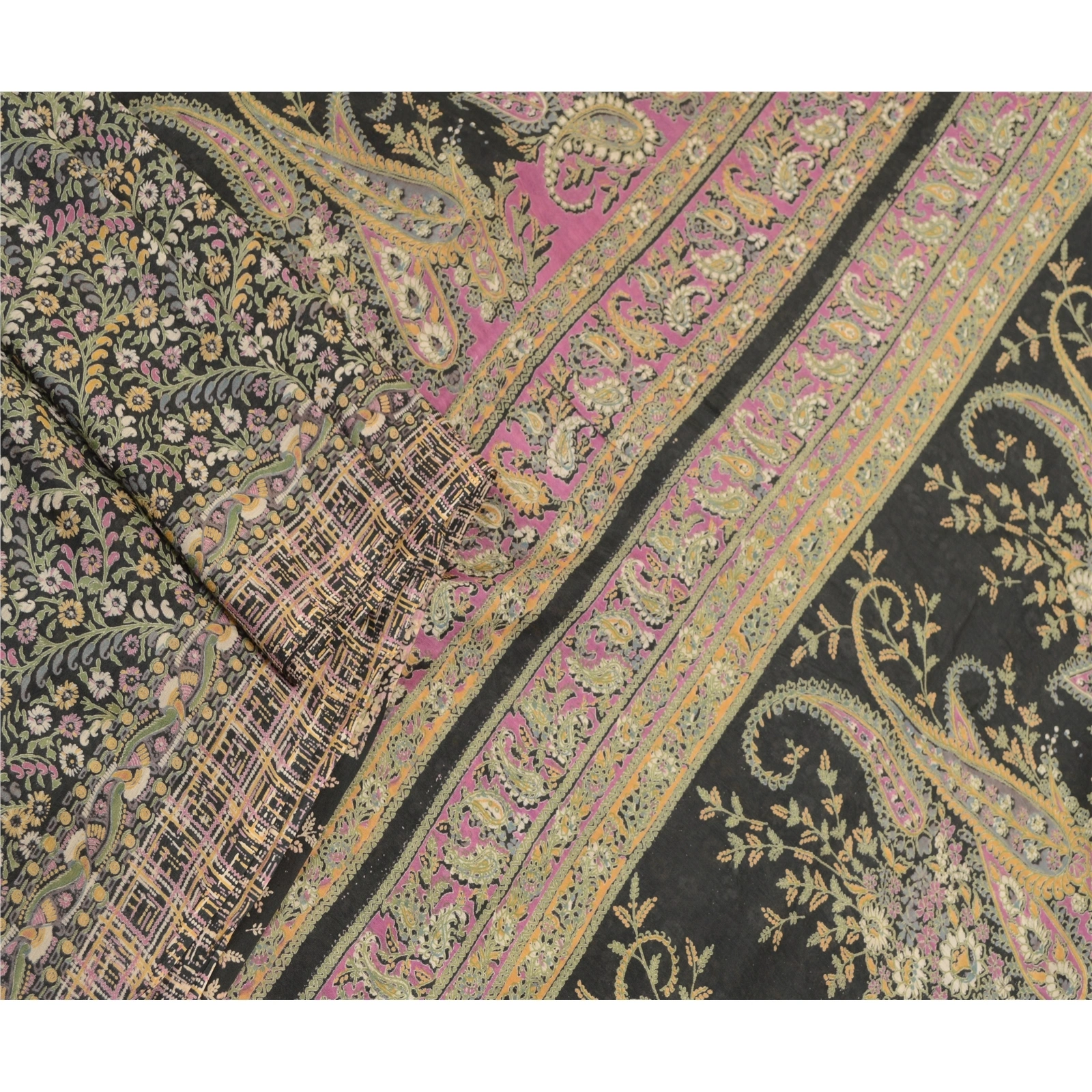 Sanskriti Vintage Black Indian Sarees Blend Silk Printed Sari 5Yd Craft Fabric, PR-58368-Black-Printed Floral Design-Blend Silk-1