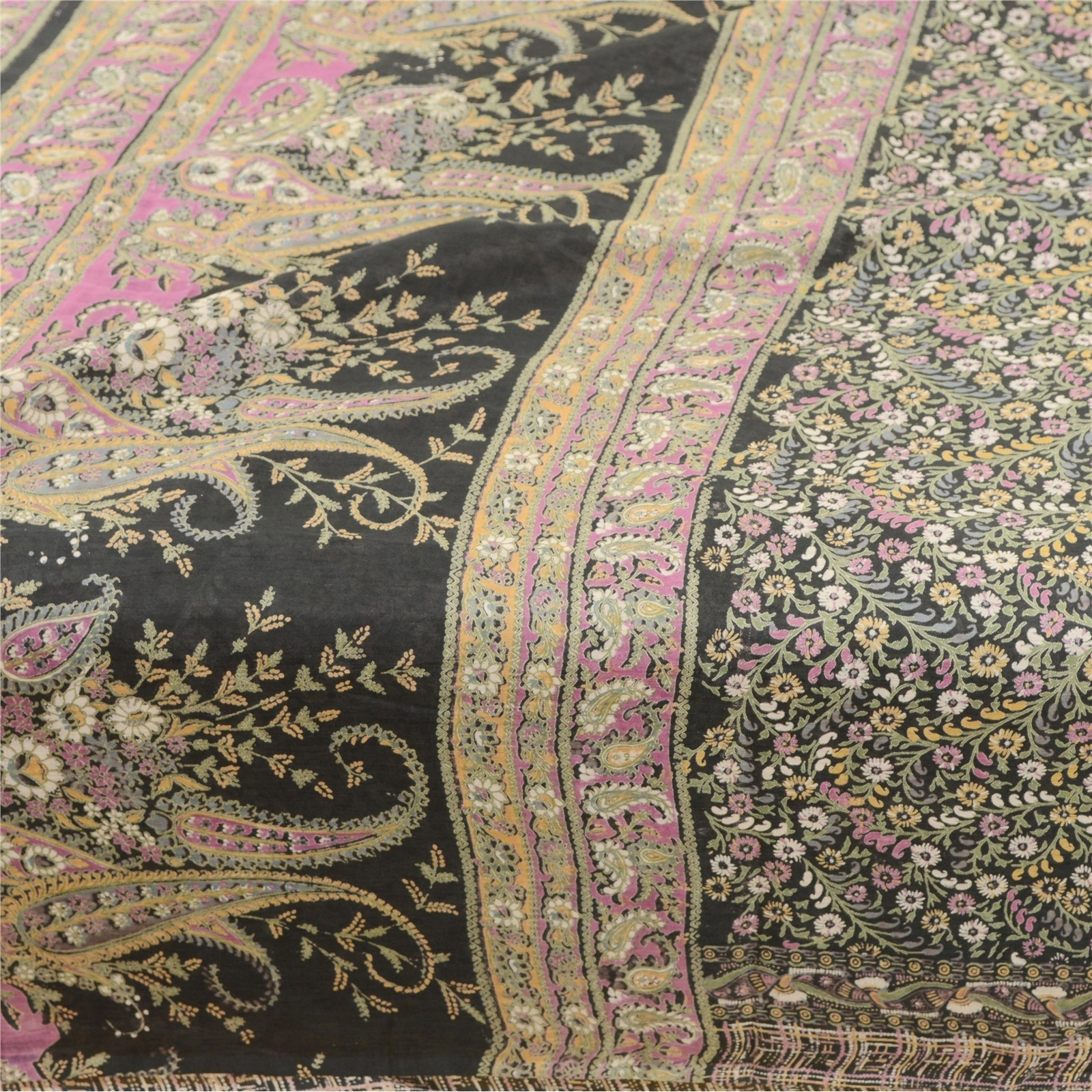 Sanskriti Vintage Black Indian Sarees Blend Silk Printed Sari 5Yd Craft Fabric, PR-58368-Black-Printed Floral Design-Blend Silk-3