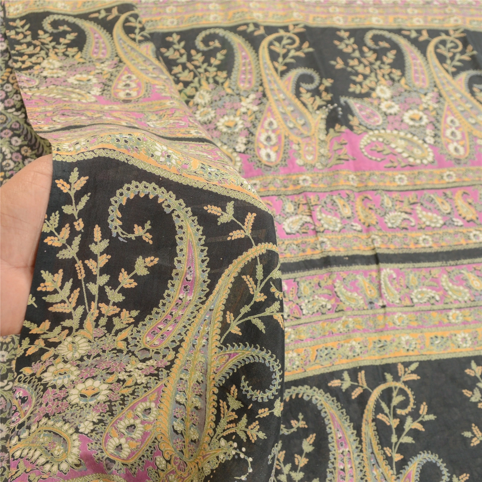 Sanskriti Vintage Black Indian Sarees Blend Silk Printed Sari 5Yd Craft Fabric, PR-58368-Black-Printed Floral Design-Blend Silk-5