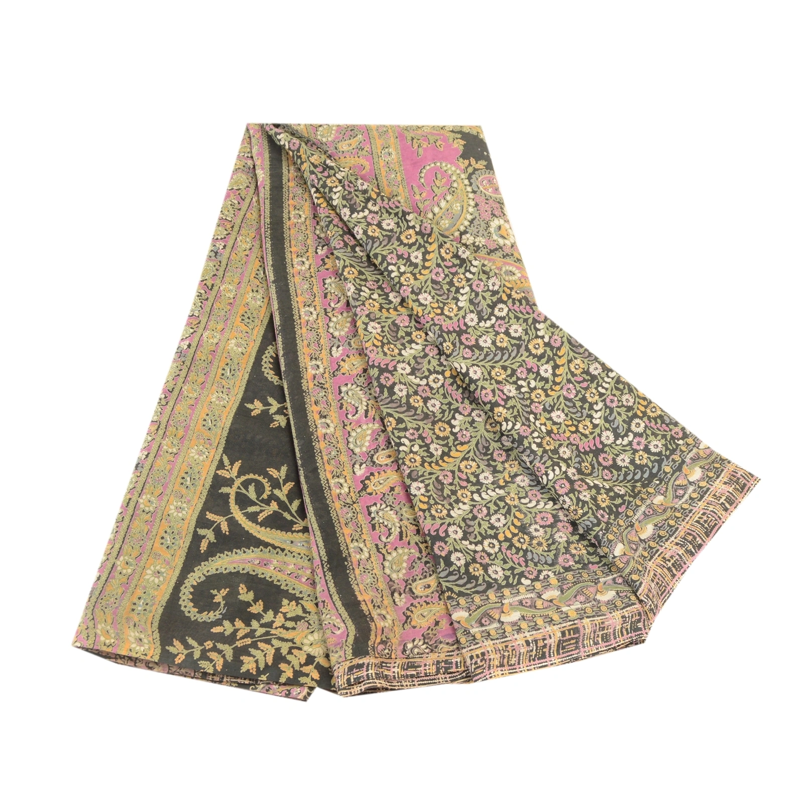 Sanskriti Vintage Black Indian Sarees Blend Silk Printed Sari 5Yd Craft Fabric, PR-58368-Black-Printed Floral Design-Blend Silk-6