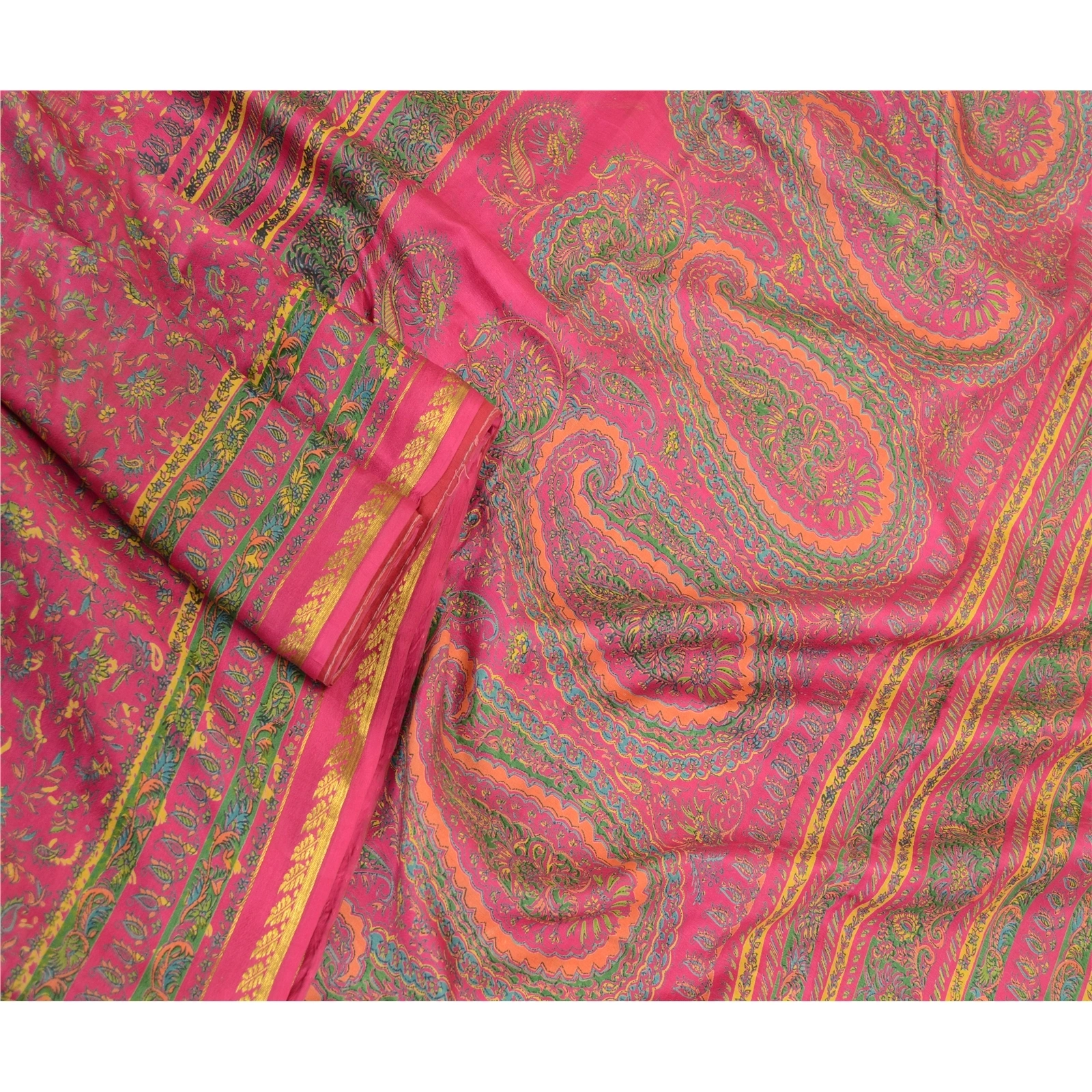 Sanskriti Vintage Pink Sarees Pure Silk Printed Zari Border Sari Craft Fabric, PR-58391-Pink-Printed Floral Design-Pure Silk-1