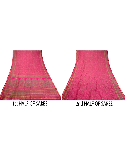 Sanskriti Vintage Pink Sarees Pure Silk Printed Zari Border Sari Craft Fabric, PR-58391-Pink-Printed Floral Design-Pure Silk-4