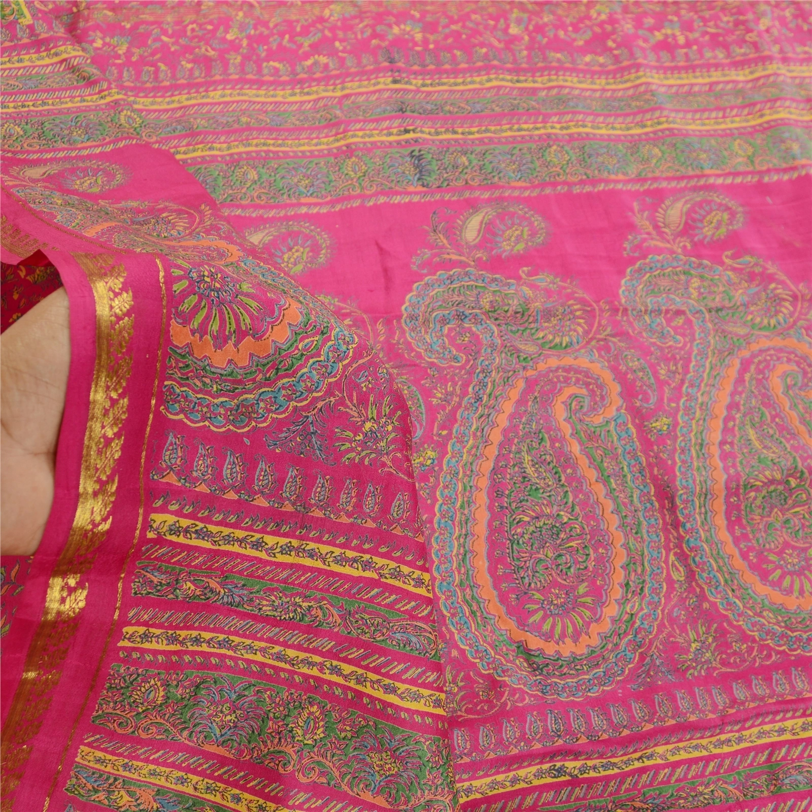 Sanskriti Vintage Pink Sarees Pure Silk Printed Zari Border Sari Craft Fabric, PR-58391-Pink-Printed Floral Design-Pure Silk-5