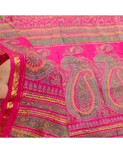 Sanskriti Vintage Pink Sarees Pure Silk Printed Zari Border Sari Craft Fabric, PR-58391-Pink-Printed Floral Design-Pure Silk-5