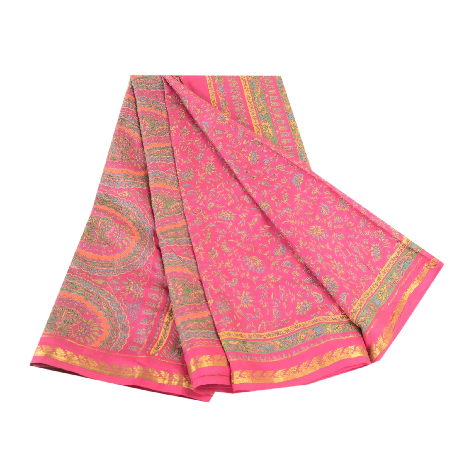 Sanskriti Vintage Pink Sarees Pure Silk Printed Zari Border Sari Craft Fabric, PR-58391-Pink-Printed Floral Design-Pure Silk-6