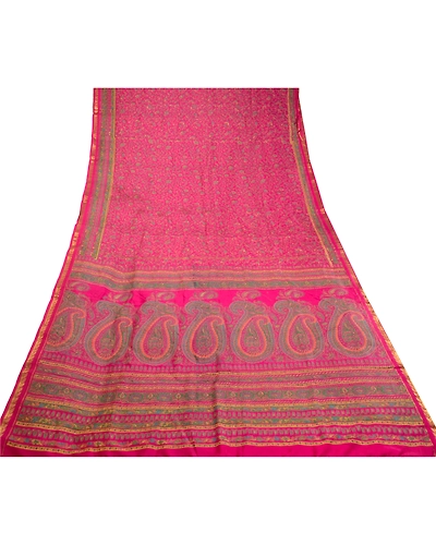 Sanskriti Vintage Pink Sarees Pure Silk Printed Zari Border Sari Craft Fabric, PR-58391-Pink-Printed Floral Design-Pure Silk-7
