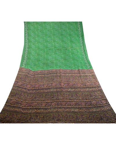 Sanskriti Vintage Green Sarees Pure Silk Printed Sari Craft Floral Soft Fabric, PR-58396-Green-Printed Floral Design-Pure Silk-7