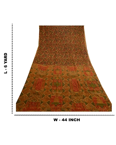 Sanskriti Vintage Green Indian Sarees Pure Silk Printed Sari Soft Craft Fabric, PR-58447-Green-Printed Floral Design-Pure Silk-8