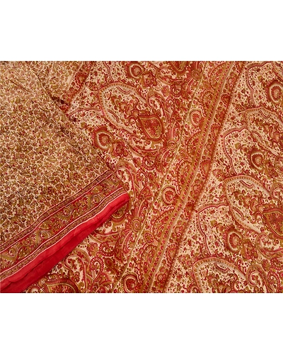 Sanskriti Vintage Red Indian Sarees Pure Silk Printed Sari 5Yd Soft Craft Fabric, PR-58455-Red-Printed Floral Design-Pure Silk-2