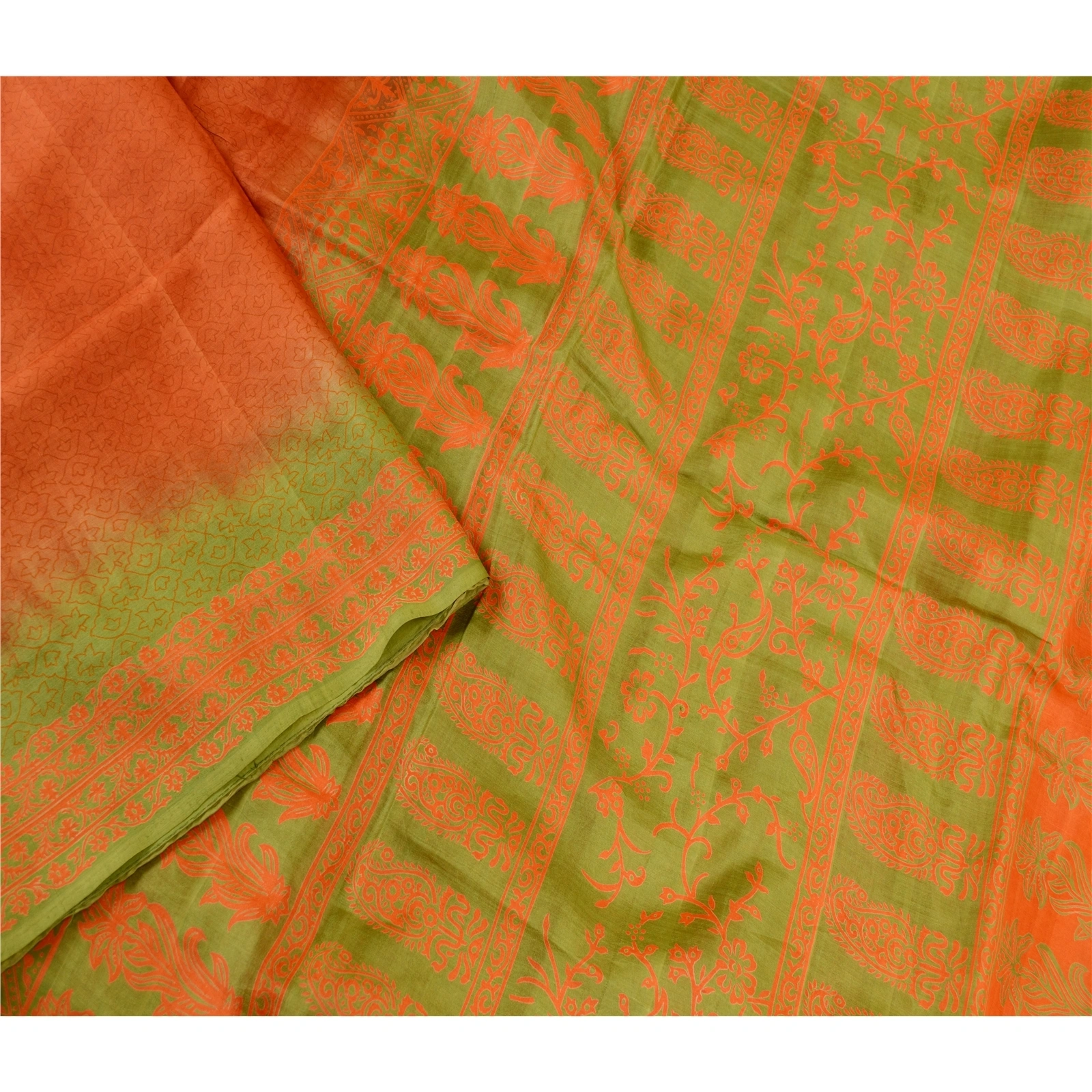 Sanskriti Vintage Orange Indian Sarees Pure Silk Printed Sari Soft Craft Fabric, PR-58456-Orange-Printed Floral Design-Pure Silk-1