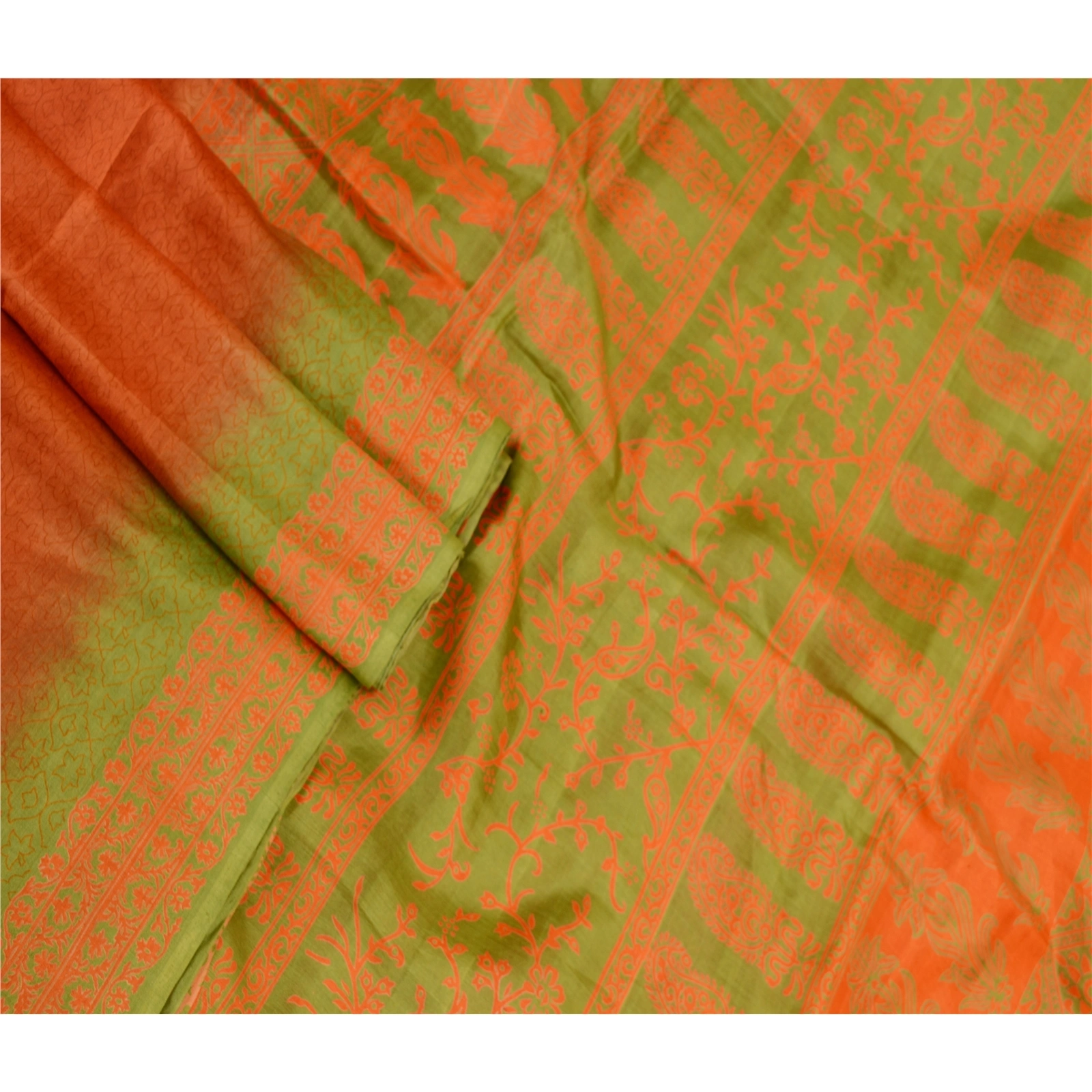 Sanskriti Vintage Orange Indian Sarees Pure Silk Printed Sari Soft Craft Fabric, PR-58456-Orange-Printed Floral Design-Pure Silk-2