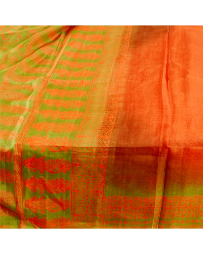Sanskriti Vintage Orange Indian Sarees Pure Silk Printed Sari Soft Craft Fabric, PR-58456-Orange-Printed Floral Design-Pure Silk-3