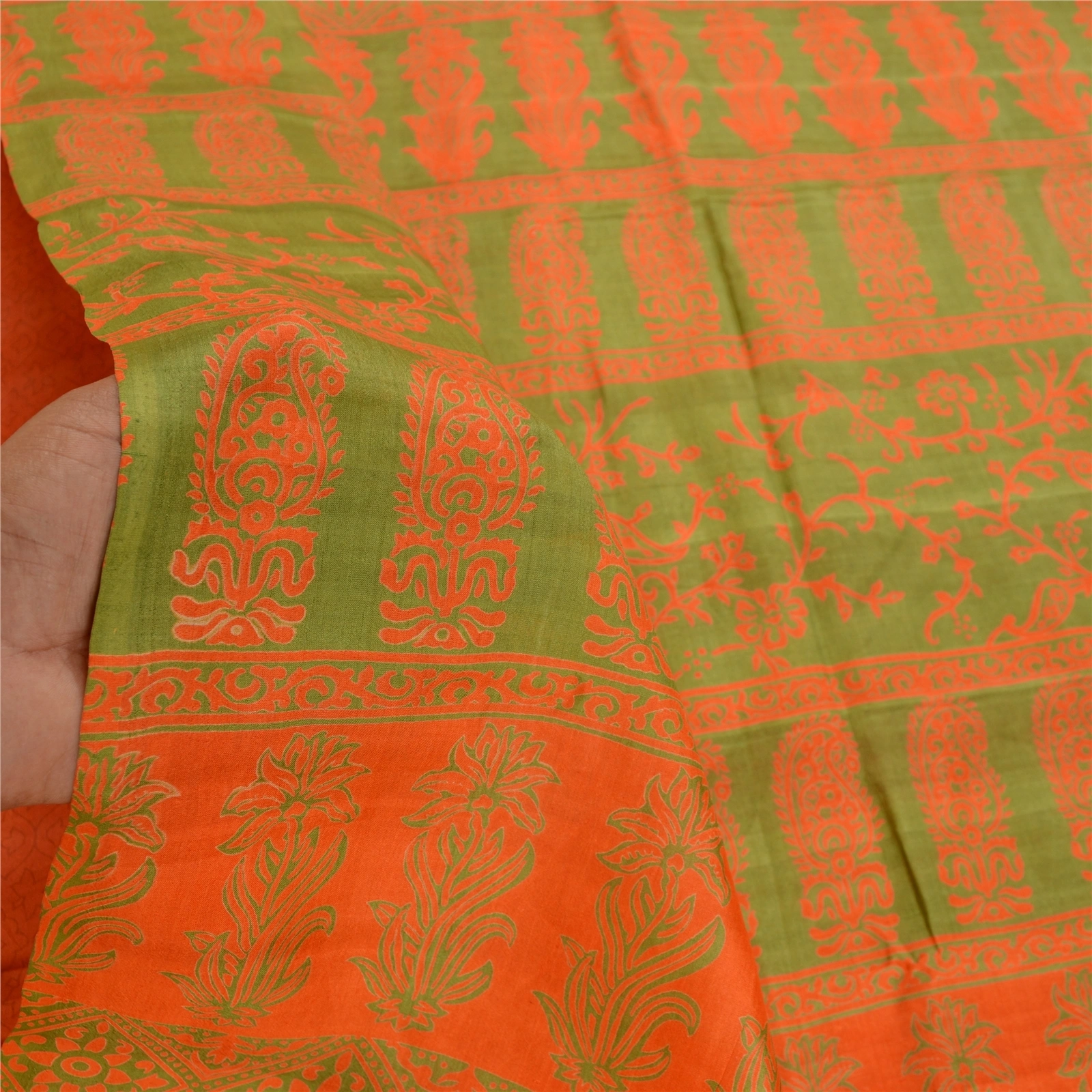 Sanskriti Vintage Orange Indian Sarees Pure Silk Printed Sari Soft Craft Fabric, PR-58456-Orange-Printed Floral Design-Pure Silk-5