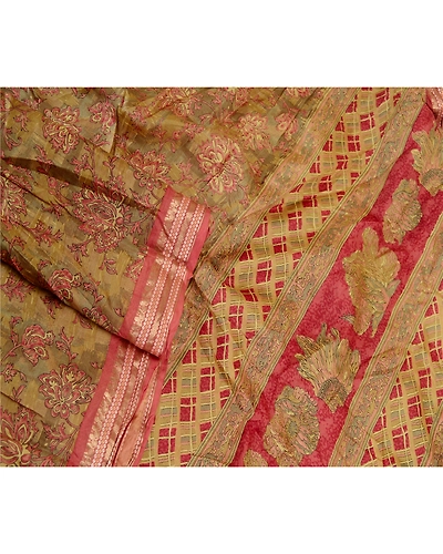 Sanskriti Vintage Green Indian Sarees Pure Silk Printed Sari 5Yd Craft Fabric, PR-58459-Green-Printed Floral Design-Pure Silk-1