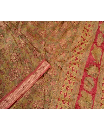 Sanskriti Vintage Green Indian Sarees Pure Silk Printed Sari 5Yd Craft Fabric, PR-58459-Green-Printed Floral Design-Pure Silk-2