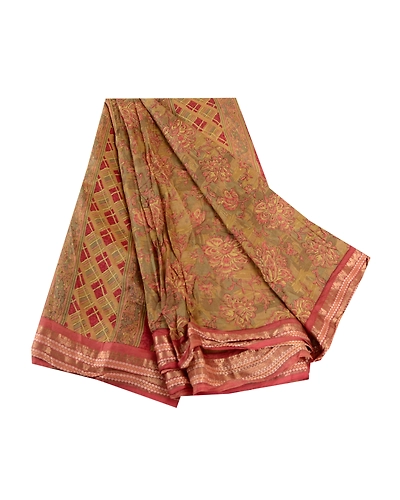 Sanskriti Vintage Green Indian Sarees Pure Silk Printed Sari 5Yd Craft Fabric, PR-58459-Green-Printed Floral Design-Pure Silk-6