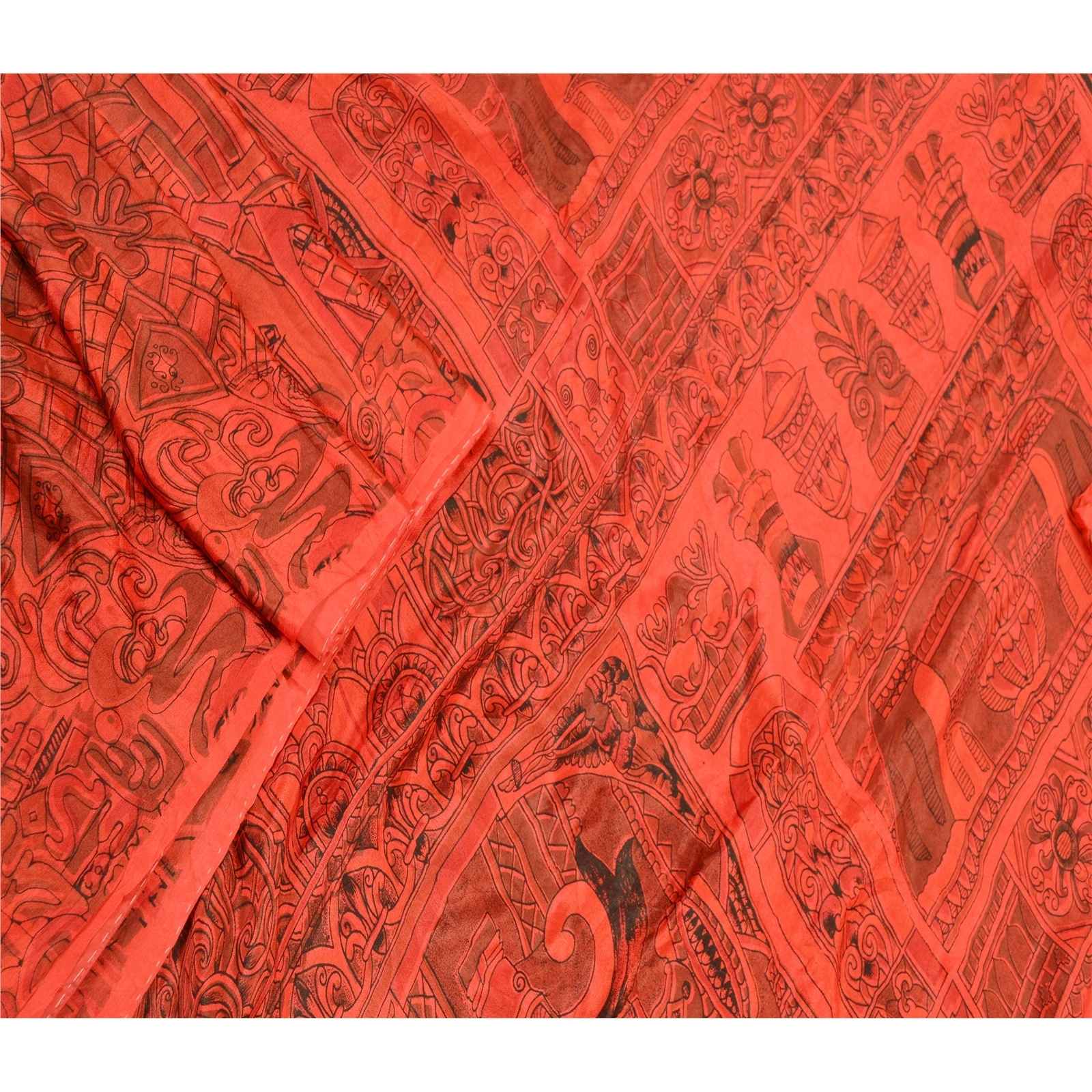 Sanskriti Vintage Red Indian Sarees 100% Pure Silk Printed Sari Craft Fabric, PR-58463-Red-100% Pure Silk-1