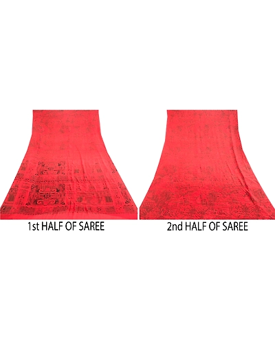 Sanskriti Vintage Red Indian Sarees 100% Pure Silk Printed Sari Craft Fabric, PR-58463-Red-100% Pure Silk-4