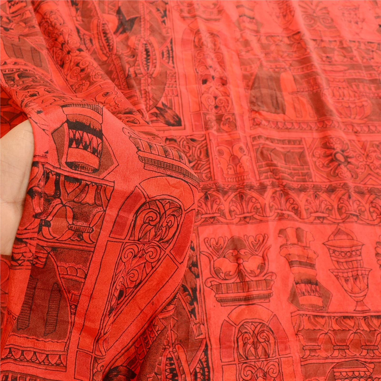 Sanskriti Vintage Red Indian Sarees 100% Pure Silk Printed Sari Craft Fabric, PR-58463-Red-100% Pure Silk-5