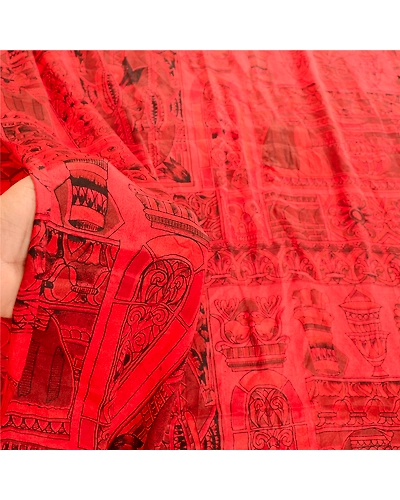 Sanskriti Vintage Red Indian Sarees 100% Pure Silk Printed Sari Craft Fabric, PR-58463-Red-100% Pure Silk-5