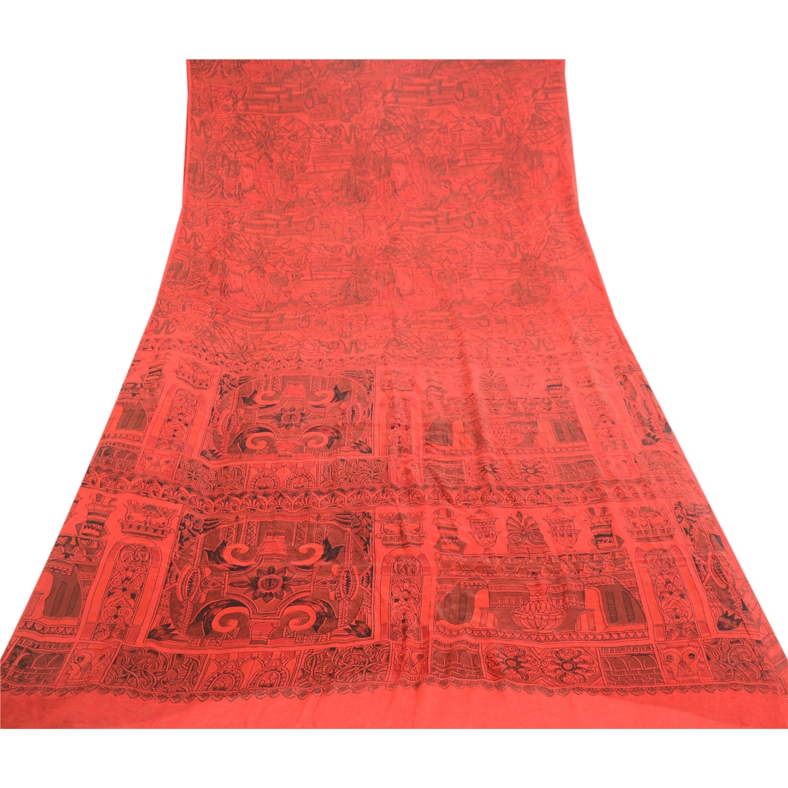 Sanskriti Vintage Red Indian Sarees 100% Pure Silk Printed Sari Craft Fabric, PR-58463-Red-100% Pure Silk-7