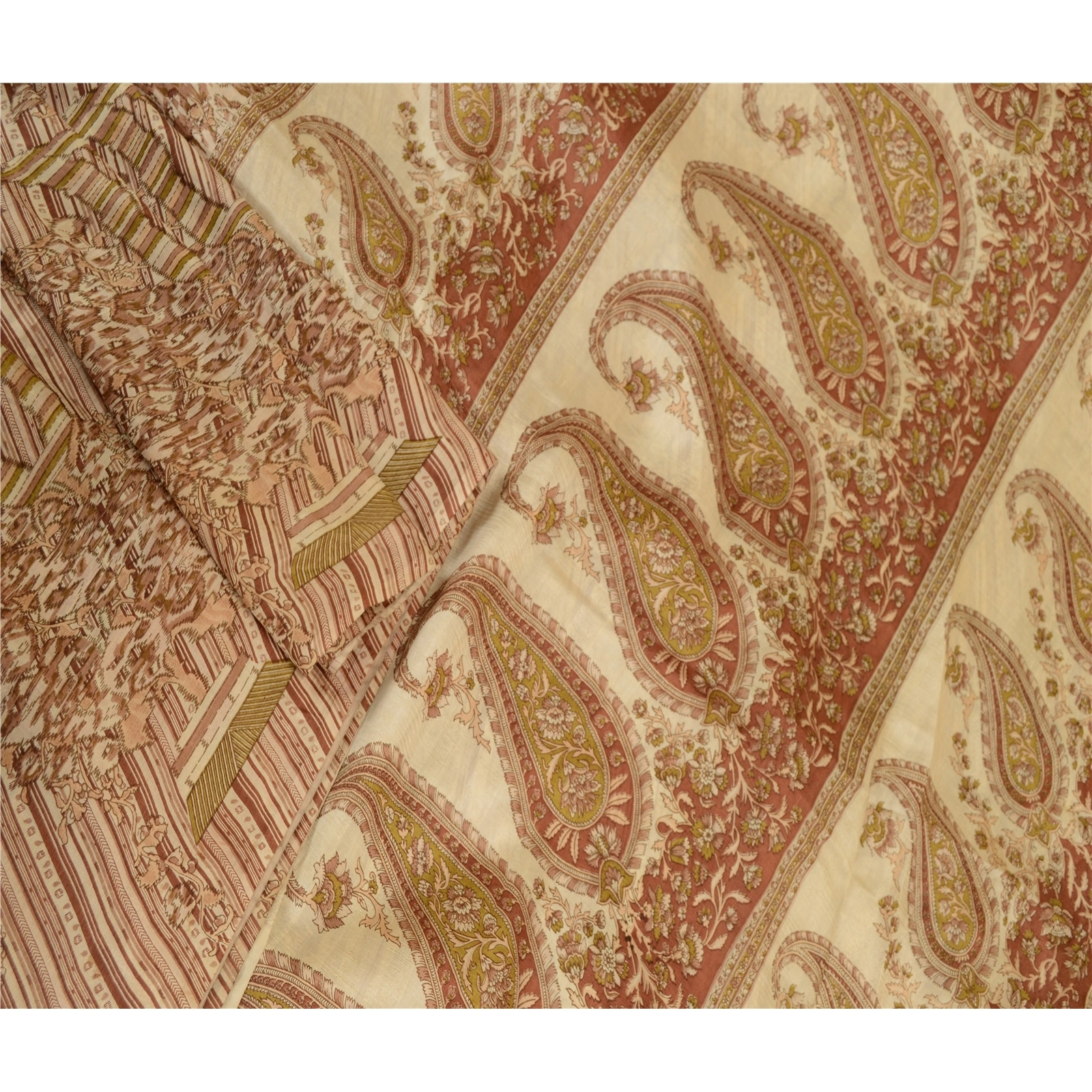 Sanskriti Vintage Brown Indian Sarees 100% Pure Silk Printed Sari Craft Fabric, PR-58476-Cream &amp; Brown-100% Pure Silk-1