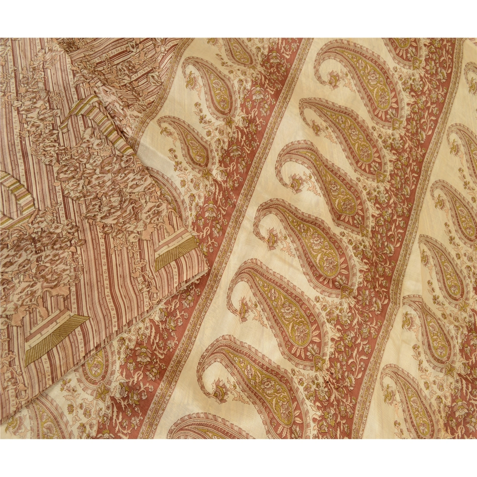 Sanskriti Vintage Brown Indian Sarees 100% Pure Silk Printed Sari Craft Fabric, PR-58476-Cream &amp; Brown-100% Pure Silk-2