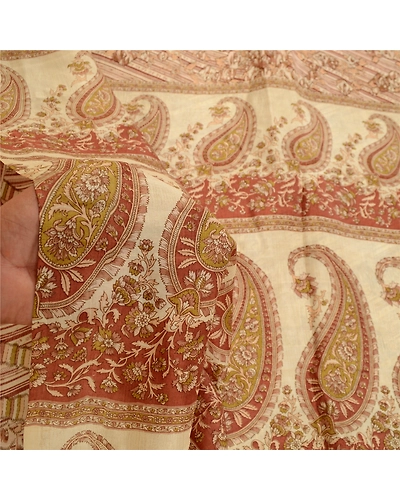 Sanskriti Vintage Brown Indian Sarees 100% Pure Silk Printed Sari Craft Fabric, PR-58476-Cream &amp; Brown-100% Pure Silk-5